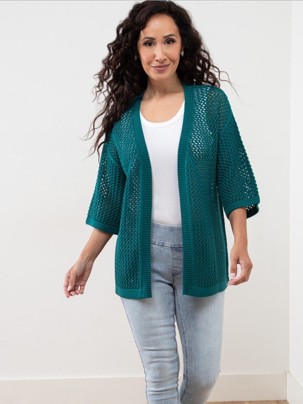 Cleo Petite Open Stitch Knit Peacock Open Front Kimono Sweater Size XS Petite